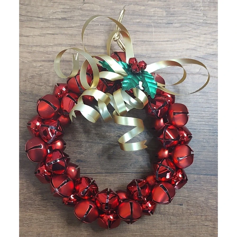 Vintage MCM Red Holly Jingle Bells Christmas Wreath Shiny Matte Mixed Metal D2